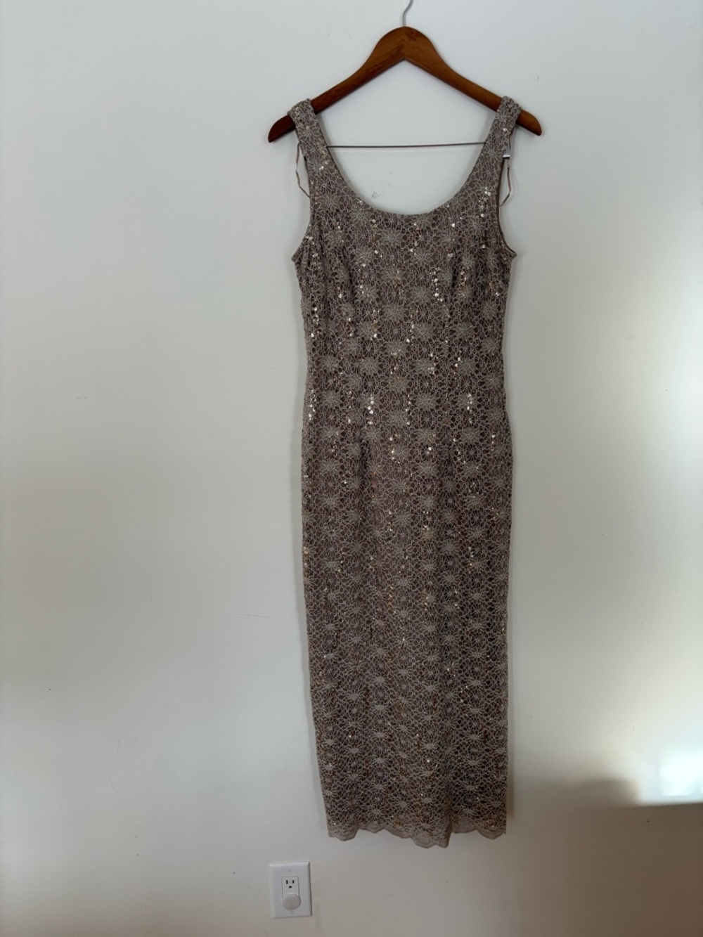 R&M Richards Taupe Lace Sequin Midi Dress w/ Jacket Set Size 8 Formal
